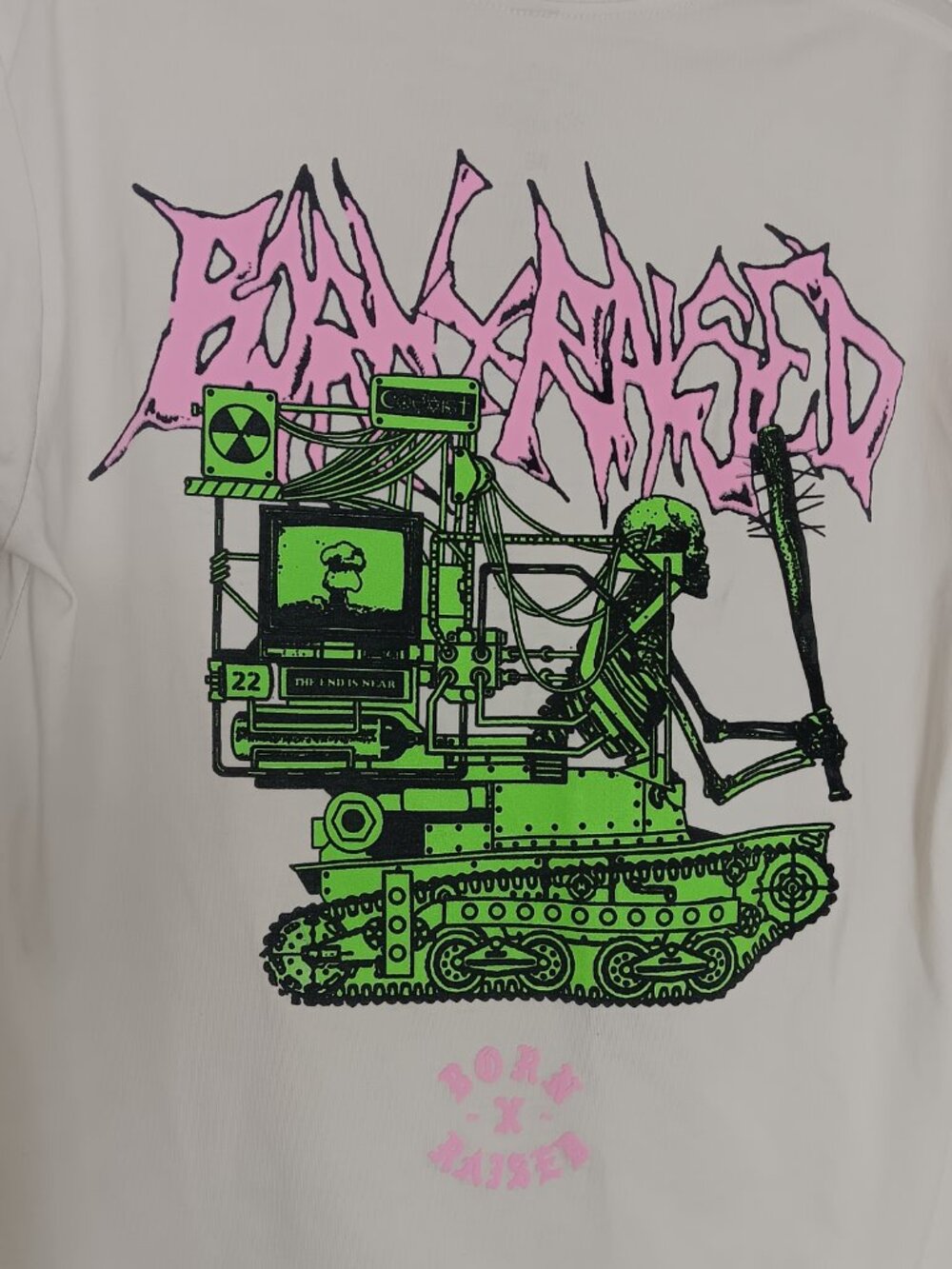 Born x raised The end is near skeleton machine graphic Tshirt white pink M - Picture 4 of 6